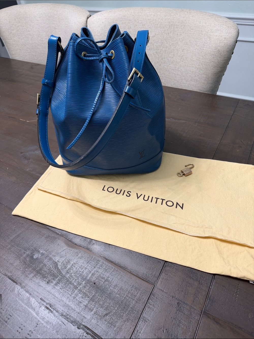 Louis Vuitton Blue Epi Leather Bucket Shoulder Bag with Gold Hardware, LV key